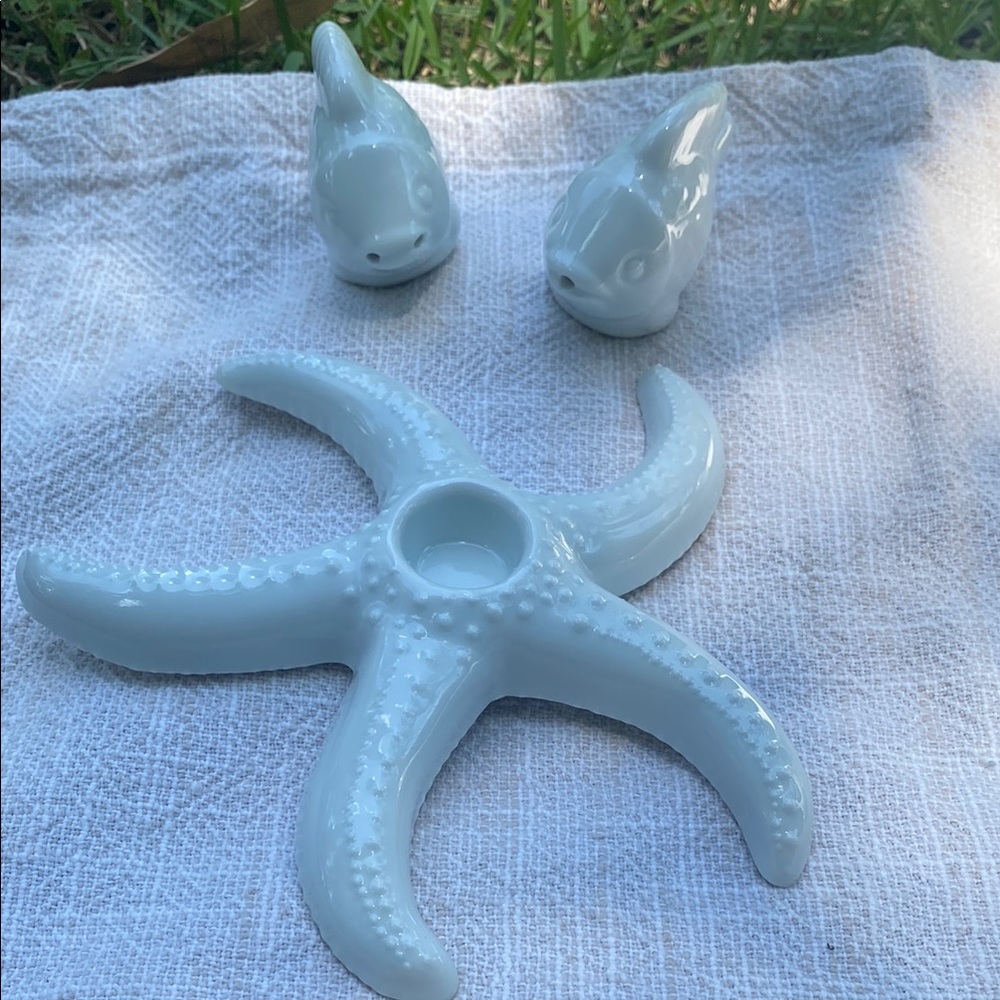 White Porcelain Starfish Candleholder & Fish Salt & Pepper Shakers